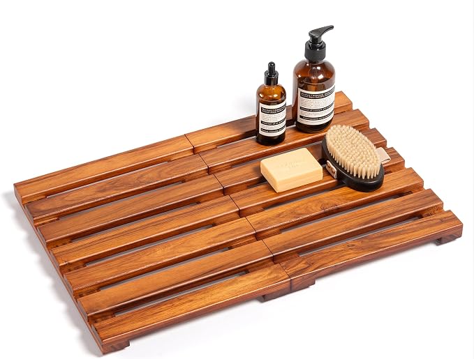Premium Teak Shower Mat - 21" x 14" Non-Slip Wooden Bath Mat for Bathroom Floor, Fast-Drying Spa-Style Solid Wood Duckboard, Indoor & Outdoor Use