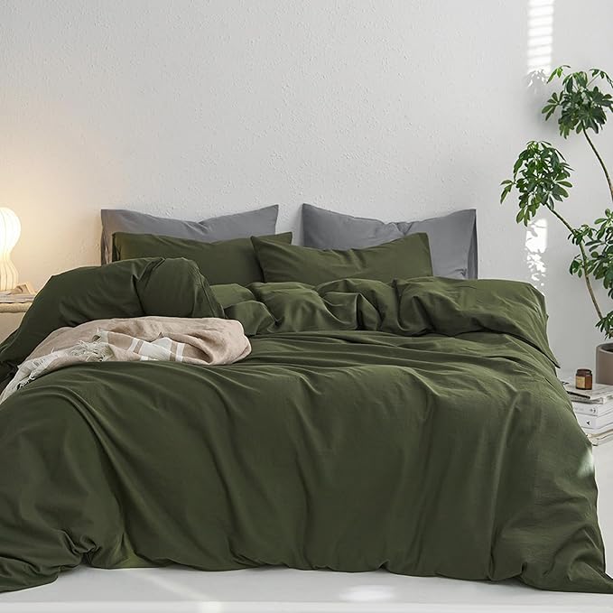 MooMee King Duvet Cover Set, 100% Washed Cotton Linen Like Twill Thick Sturdy Material Super Soft Breathable Durable Bedding for All Season, 3 Pieces (Olive Green, King 104"x90")