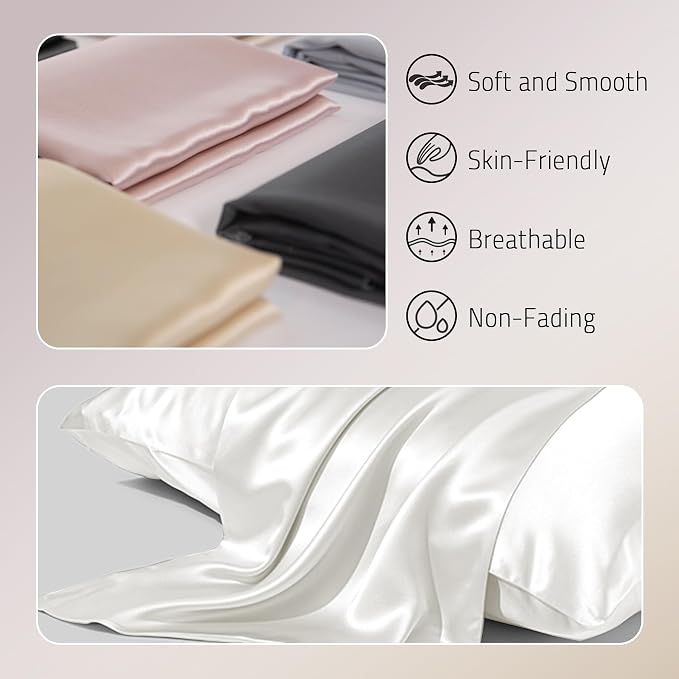 Gabire Mulberry Silk Queen Size Pillow Cases for Hair and Skin, Ultra Smooth Cooling Acne Pillow Case with Hidden Zipper Both Sides Real Silk Pillow Cases Queen (20"×30"), Ivory