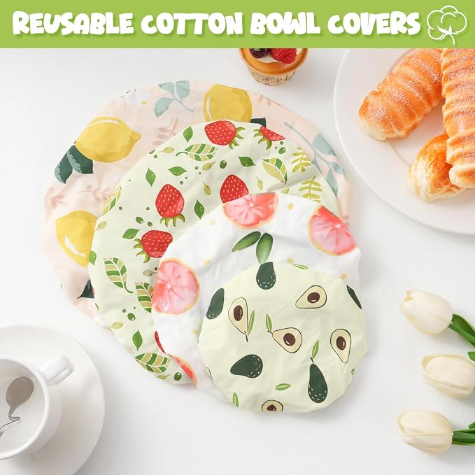 4-Pack Reusable Cotton Bowl Covers with Fruit Pattern, 6/8/10/12 Inch Elastic Food Storage Covers for Bread Proofing, Sourdough Dough, Kitchen Containers & Food Storage
