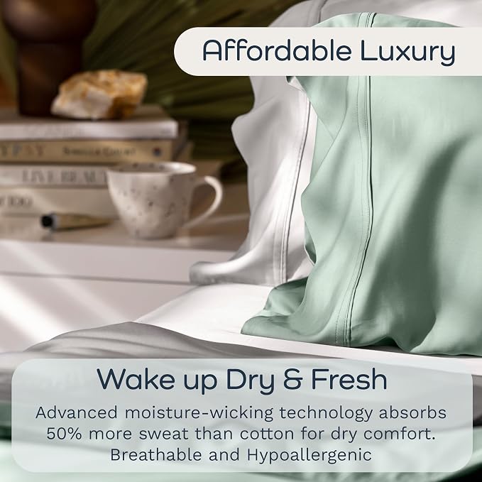 Olive + Crate Tencel Eucalyptus Pillowcases - 100% Tencel Lyocell Cooling Pillow Cases for Hot Sleepers, Hypoallergenic, Moisture-Wicking, Silk Alternative, Vegan, Standard Size Set of 2 [Spring Sage]