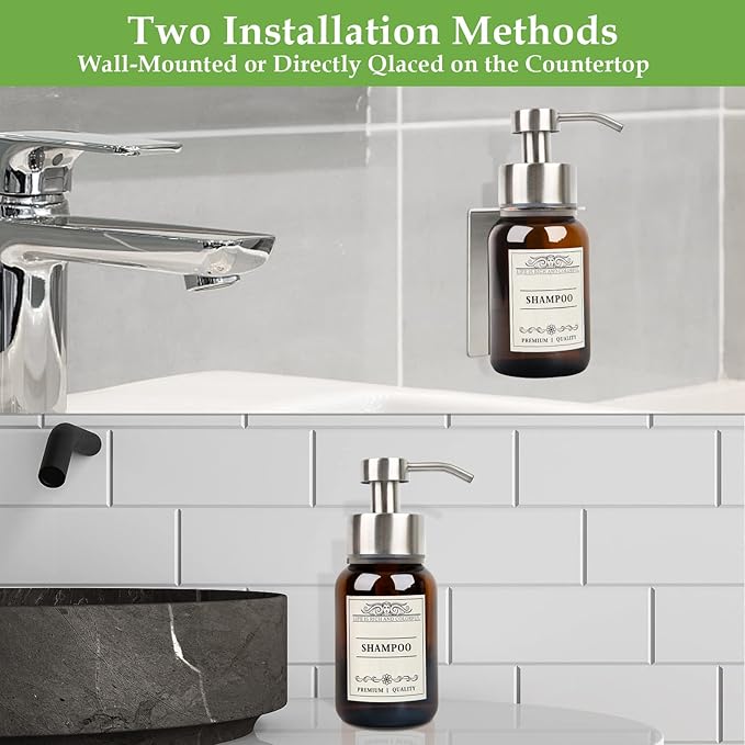 Glass Soap Dispenser with Pump and Wall Mount Holder,8.5 Oz Shampoo and Conditioner Dispenser,Dish Soap Dispenser with Waterproof Labels,2 Pack|Silver