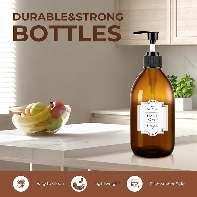 16 oz Amber Glass Soap Dispenser with Pump, Glass Pump Bottle for Lotion Body Oil, 500ml Hand and Dish Soap Dispensers Set with Storage Caps, Labels - 2 Pack