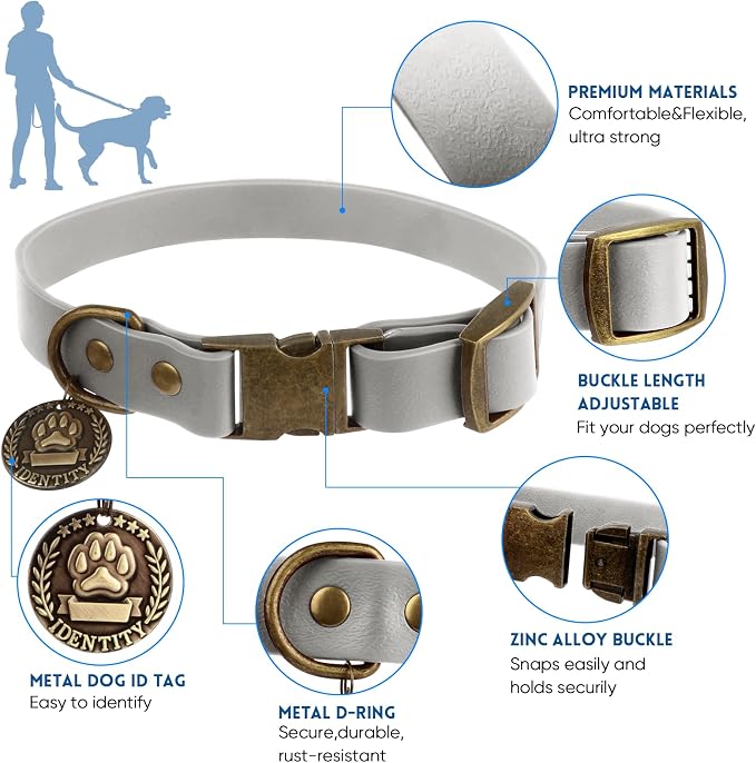 Wisedog Waterproof Dog Collar and Leash Set, XL, Grey | Adjustable Puppy Collar, Cute Tag, 6FT Dog Leash, Poop Bag Included, For Small Medium Large Dogs