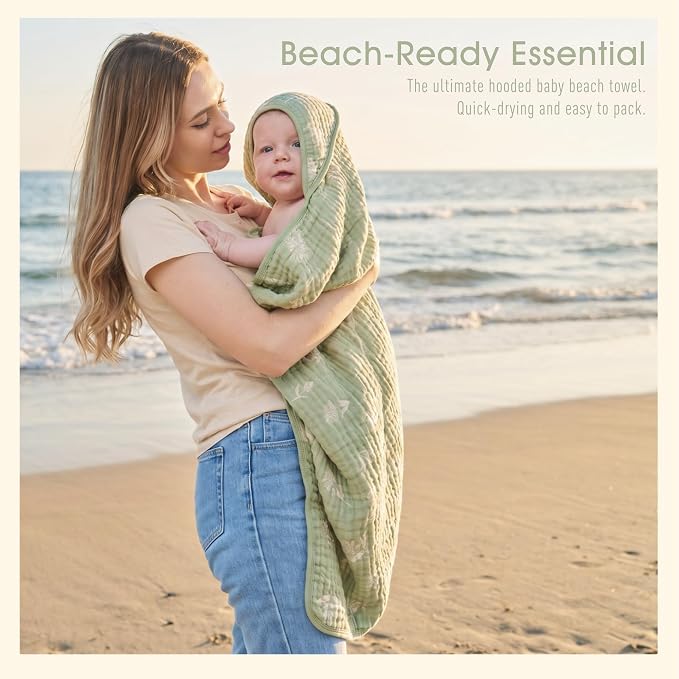 Ultra-Soft Muslin Baby Hooded Towel - 32 x 32 Inches, Ideal for Bath & Beach, Suitable for Both Boys & Girls from Newborns to Toddlers (Sage Green Floral)