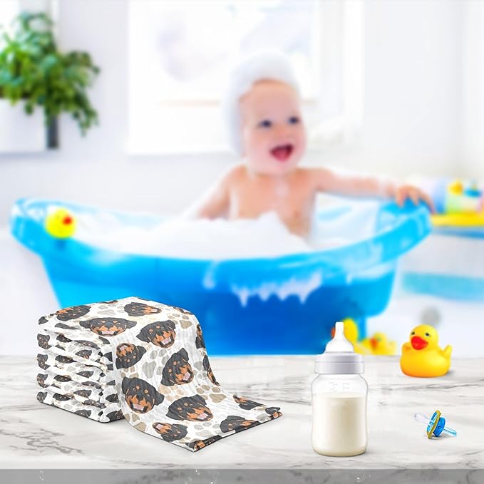 Baby Rottweiler Dog Msulin Washcloths Newborn Face Towel - Baby Muslin Burp Cloths 5 Pack Soft Absorbent Natural Cotton Wash Towel 11.8"X11.8" Baby Bath Towels Wipes
