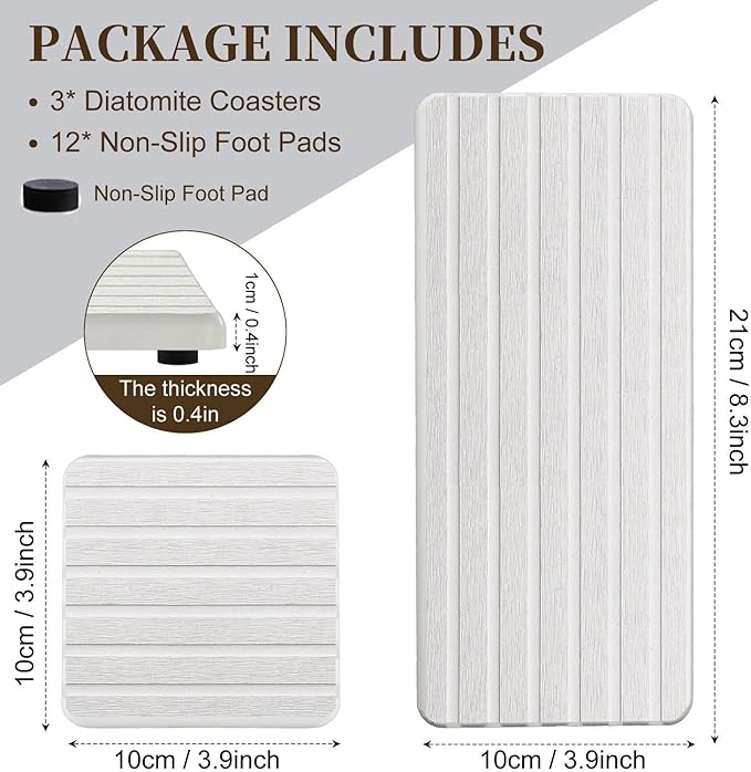 3 PCS Premium Diatomite Coasters with Grooved Design - Thirsty Absorbent Stone Tray for Soaps Dish, Plants, Toiletries - Keep Bathroom & Kitchen Counter Top Dry & Tidy (8.3 x 3.9 & 3.9 x 3.9 Inches)