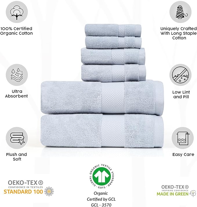 Farm to Home 100% Organic Bath Towel Set of 6 – GOTS & Oeko-TEX Certified Organic Cotton, Soft, Ultra Absorbent, Quick Dry - Includes 2 Bath Towels, 2 Hand Towels, 2 Washcloths - Sky