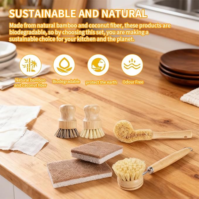 Natural Bamboo Dish Brush 6-Piece Kitchen Cleaning Set with Sisal, Palm Fiber, and Coconut Coir Brush Heads - Multi-Purpose Utensil and Pot Scrubber