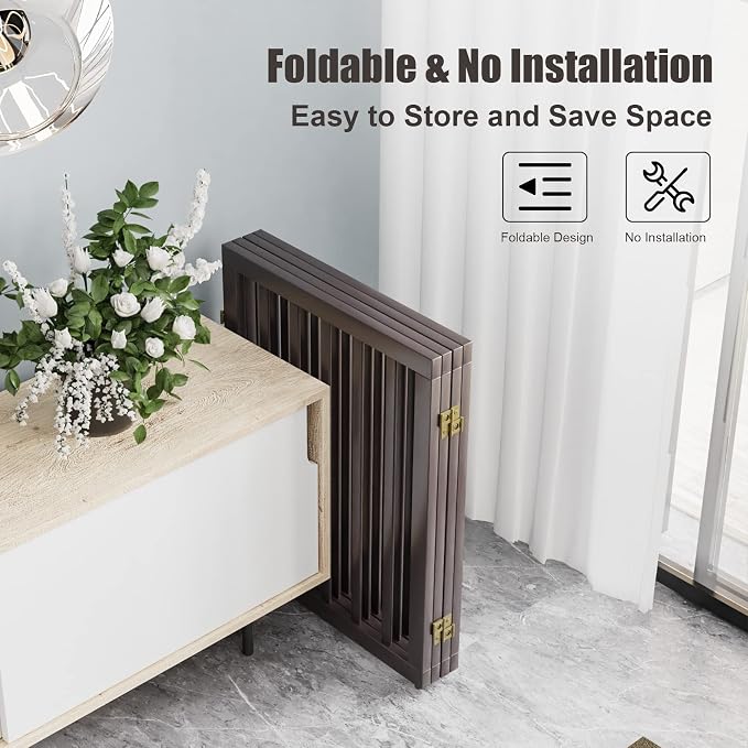 Semiocthome Freestanding Dog Gates for The House Extra Wide with 4 Panels and 4 Support Feet, 24" H Foldable Pet Gate for Stairs, Wooden Expansion Doggy Gates for Doorways, Fit Opening Up to 74" W