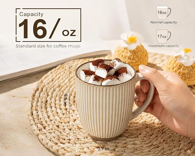 GBhome Large Coffee Mugs Set of 4, 16oz Handmade Embossed Coffee Mugs Set with Large Handle for Cappuccino/Latte/Tea/Hot Cocoa, Dishwasher & Microwave Safe, Khaki