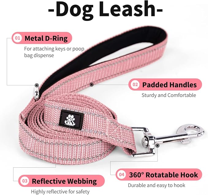 IVY&LANE Reflective Dog Collar and Leash Set,Adjustable Neoprene Padded Dog Collars for Puppy, Breathable Nylon Pet Collar for Small Medium Large Dogs (Large,Pink)