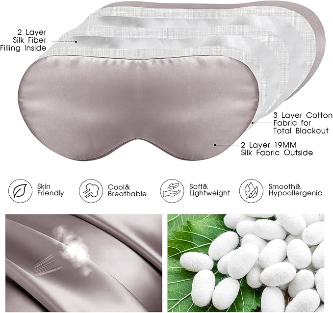 Mulberry Silk Blackout Adjustable Sleep Eye Mask for Men/Women Travel Plane,Taupe