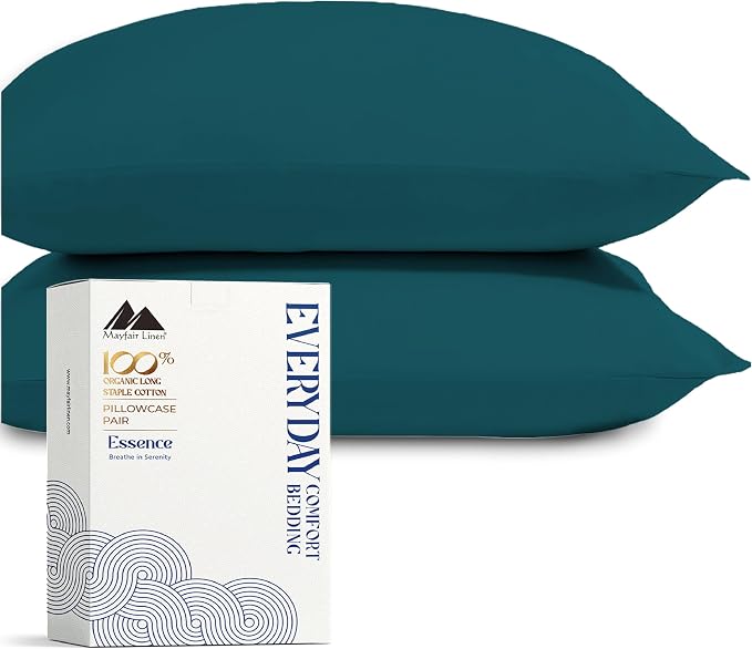 Mayfair Linen 100% Organic Cotton Percale Pillow Cases Queen/Standard Size Set of 2 - Percale Pillowcovers Standard/Queen (Teal), Soft Cooling Pillow Case for Sleeping, Cotton Pillowcases