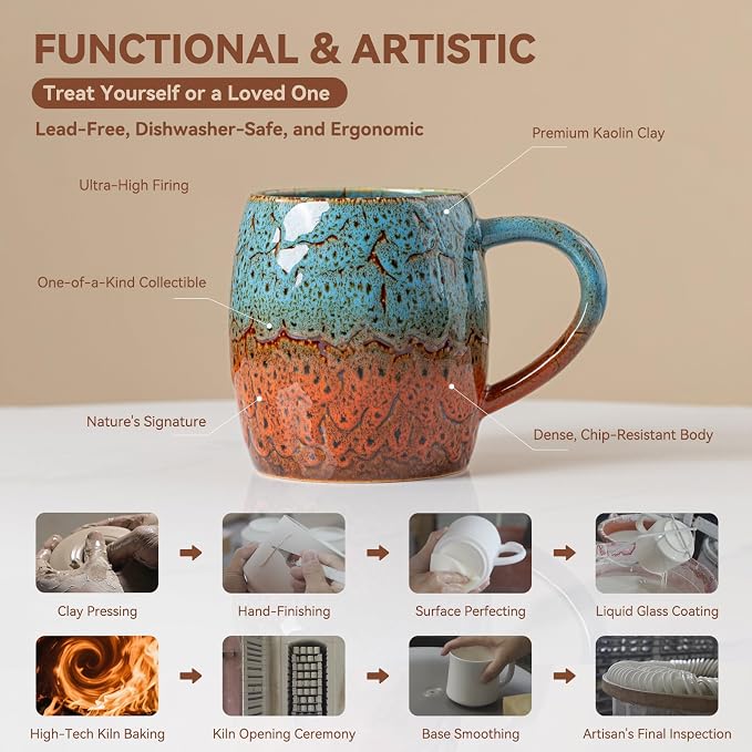 Handmade 22oz Ceramic Coffee Mug, Ergonomic Large Handle, Ideal Gift for Coffee Lovers, Microwave & Dishwasher Safe (Bas-Relief - Blue&Orange)