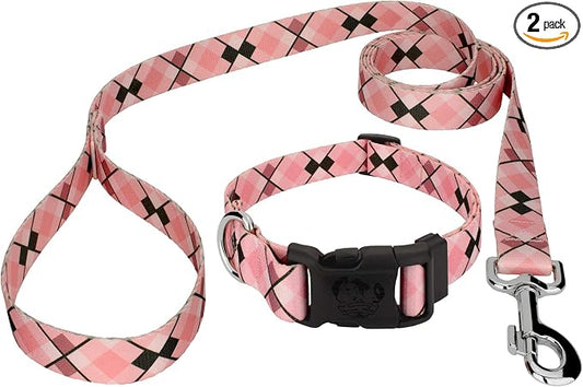 Country Brook Petz - Pink and Brown Argyle Everyday Dog Collar and Leash Limited Edition - Plaid and Argyle Collection Featuring Charming Designs (5/8 Inch, Small)
