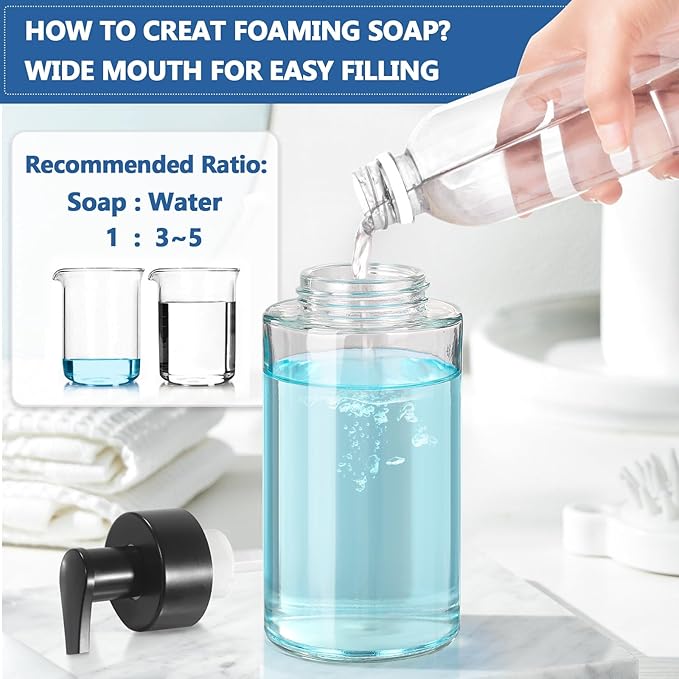 RYTOXILO Foaming Soap Dispenser, 10 oz/300ml Foaming Hand Soap Dispenser, 4 Pack Glass Dispenser for Bathroom & Kitchen, Clear Refillable Foam Dispenser Bottle with Waterproof Labels