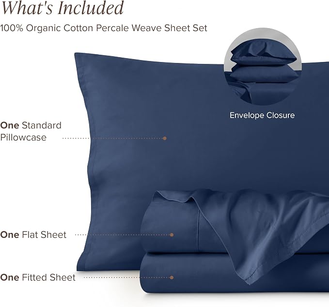 Bare Home 100% Organic Cotton Twin XL Sheet Set - Crisp Percale Weave - Lightweight & Breathable - Bedding Sheets & Pillowcases (Twin XL, Dark Blue)