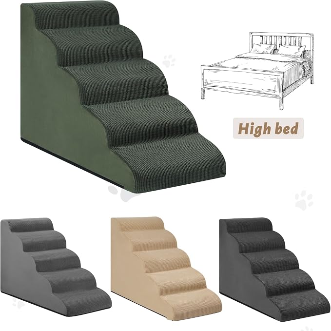 Aodisman 5-Step Dog Stairs and Ramp for High Bed, Non-Slip Sturdy Pet Steps for Small Dogs and Cats,22.2" H,Green