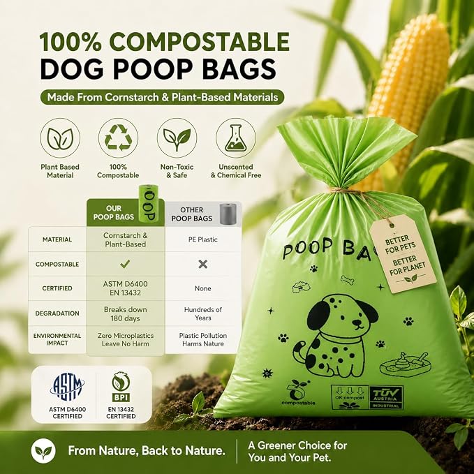 Biodegradable Dog Poop Bags, 240 Bags with Free Dispenser | ASTM D6400 & EN 13432 Compliant BPI Certified Poop Bags for Dogs, Unscented, Large, Earth Friendly Leakproof, Easy to Open