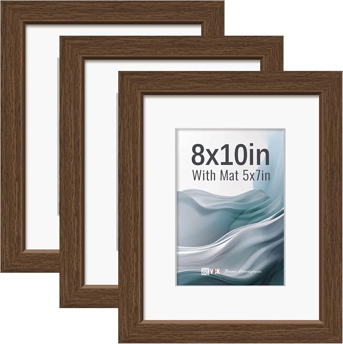 VCK 8x10 Picture Frames Brown 3 Pack, Wide Border Wood, Tempered Glass, Display 5x7 Photo with Mat or 8 x 10 Without,for Home, Office, Gallery, Woodgrain Series, Tabletop & Wall Hanging