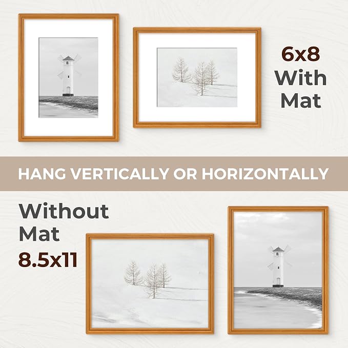 8.5x11 Picture Frame with Mat for 6x8, USA-Sourced Natural Teak Wood Handcrafted Rounded Corner with HD Tempered Glass, 8.5 x 11 Photo Frames Gallery Wall & Tabletop, Vertical or Horizontal Display