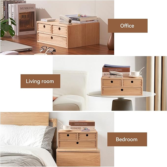 KIRIGEN Solid Wood Desktop Organizer with 3 Drawers - Multi-Layer Office Supplies Storage Rack for Documents, Stationery, Jewelry - Natural Wooden Desk Shelf Organizer Nature WJG23-NA
