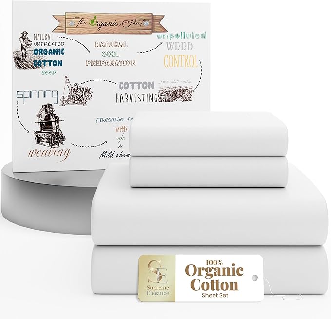 SUPREME ELEGANCE 4Pc 100% Organic Cotton King Size Sheets Set, Snow White, Cooling Percale, Deep Pocket Fitted Sheet, Fits 16" Mattresses, Breathable Bed Sheets & Pillowcases, Crisp Bedding