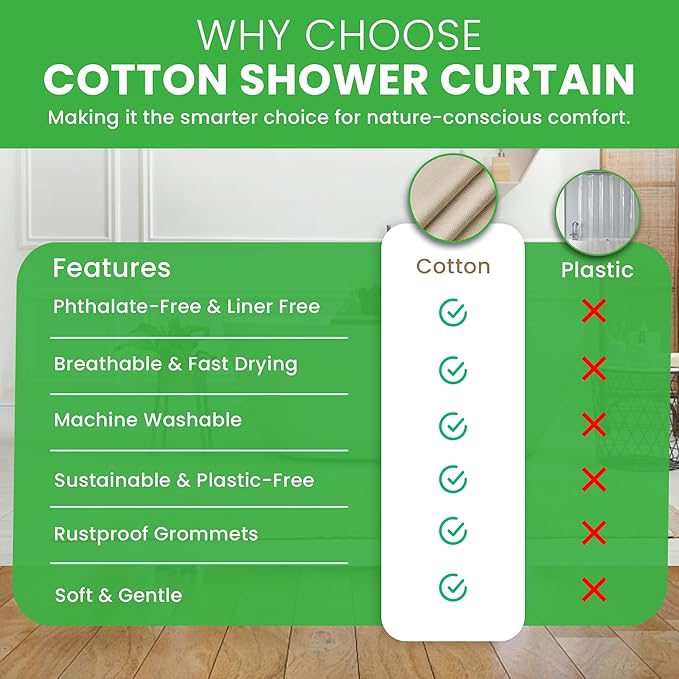 FABRIC SHOWER CURTAIN LINER 70"x74" Standard Bathtub Size - Stylish Quality Bathroom Drape - Earth Friendly Non-Toxic Odor-Free NATURAL Cotton Liner, Light-Weight Washable natural Shower Curtain 70NC
