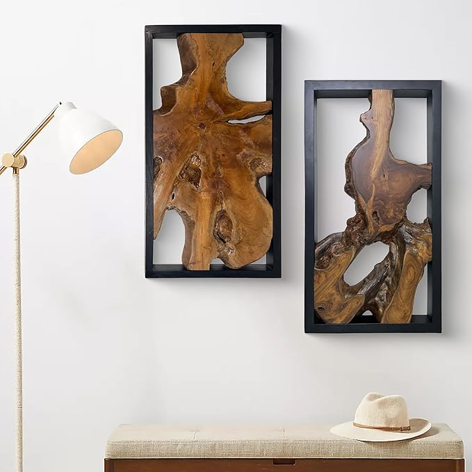Warmaxx Teak Natural Wood Wall Art Decoration 31.6" x 15.8" Rectangle Farmhouse Wall Art Décor Home Living Room Vintage Accent Bedroom Office Rustic Handcrafted Wooden Floral Design