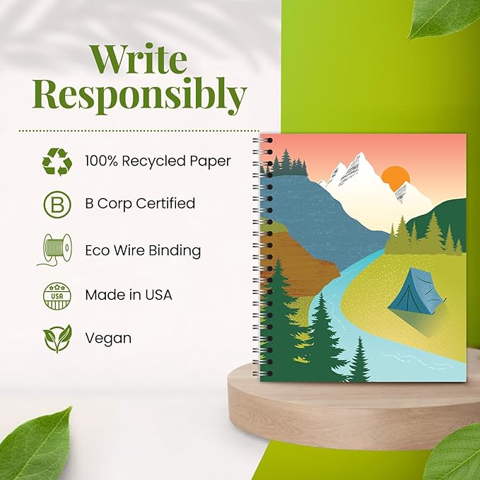Small Spiral Bound Recycled Notebook, Camping Design, 9.75" x 7.5", 70 Sheets, Double-Wire, College Ruled, Vegan, Made in USA