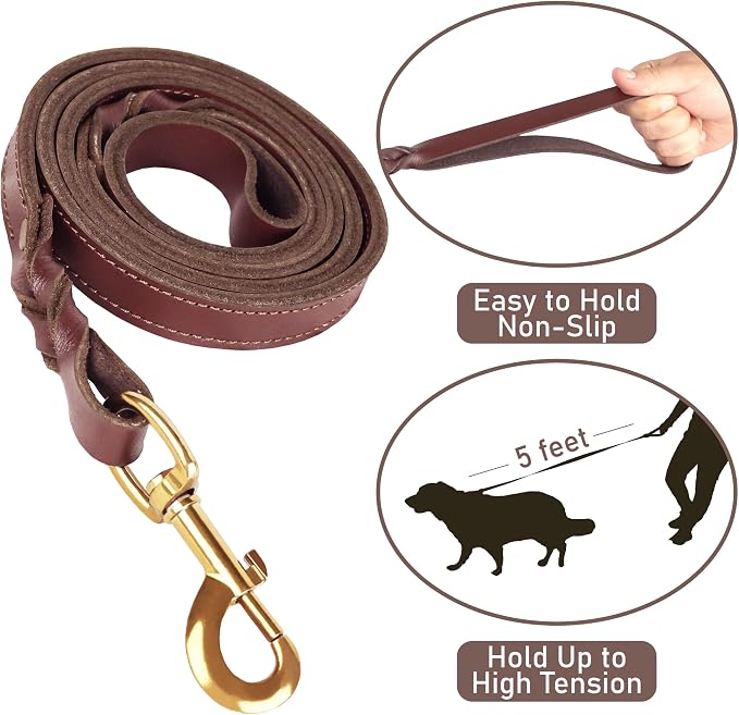 Heavy Duty Genuine Leather Dog Collar and Leash Set - 5ft Soft and Durable With Metal Buckle - Adjustable, Compatible for Small to Medium Dogs