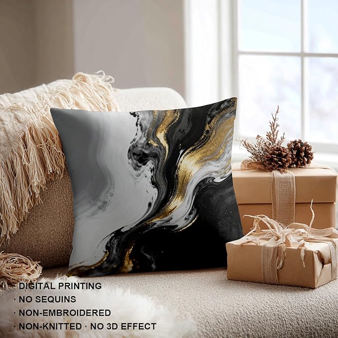 Shrahala Black and White Decorative Throw Pillow Cover, Abstract Hand Black and White with Gold Close Square Pillowcase Blended Double-Sided No Inserts for Bedroom Living Room Set of 2 (20 X 20 in)