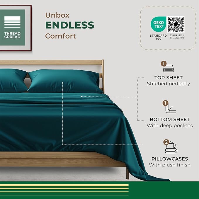 THREAD SPREAD 100% Organic Cotton Sheets Full Size - 4 PC Organic Cotton Full Size Percale Weave Sheet Set, Soft, Cooling, Crisp & Breathable, 16" Deep Pocket Hotel Quality Bedding Set - Teal