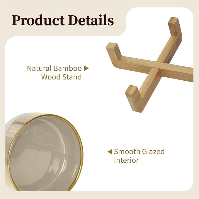 Elevated Ceramic Cat and Dog Double Bowl Set - 14 oz Lead-Free Feeder with Two Natural Bamboo Wood Stands (Brown)