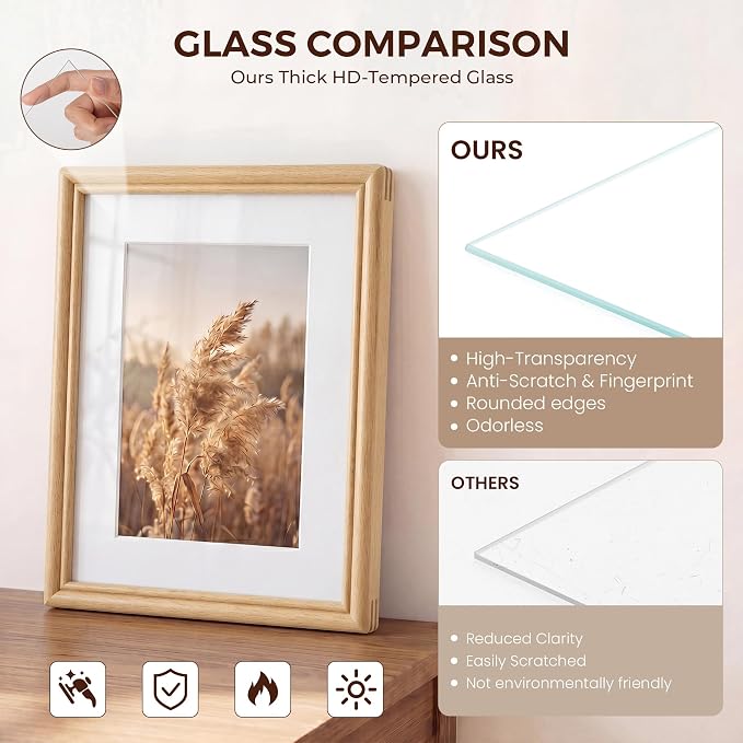 11x14 Picture Frame with Mat for 8x10, USA-Sourced Beech Wood Handcrafted Rounded Corner with HD Tempered Glass, 11 x 14 Photo Frames Gallery Wall & Tabletop, Vertically or Horizontally, 2 Pack