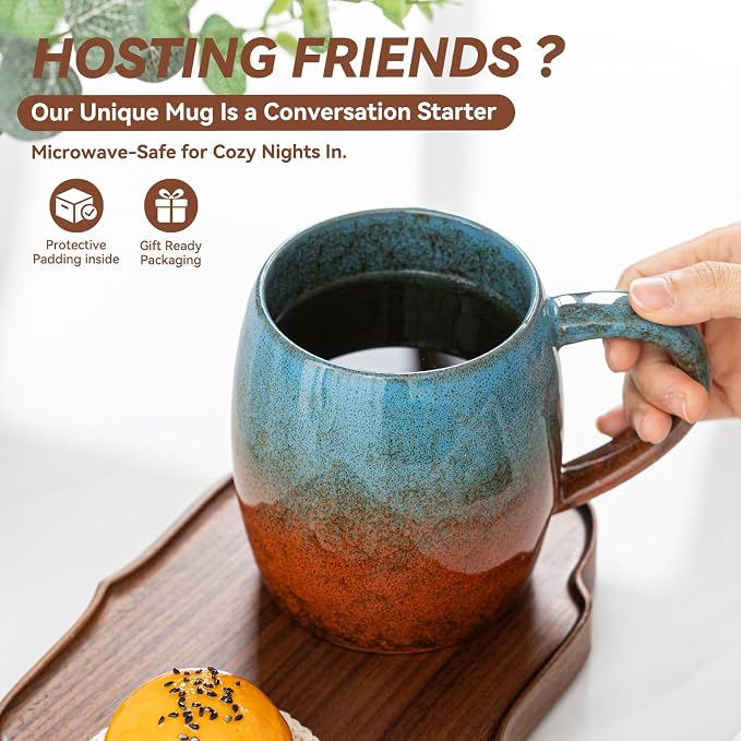 Handmade 22oz Ceramic Coffee Mug, Ergonomic Large Handle, Ideal Gift for Coffee Lovers, Microwave & Dishwasher Safe (Minute-Blue&Orange)