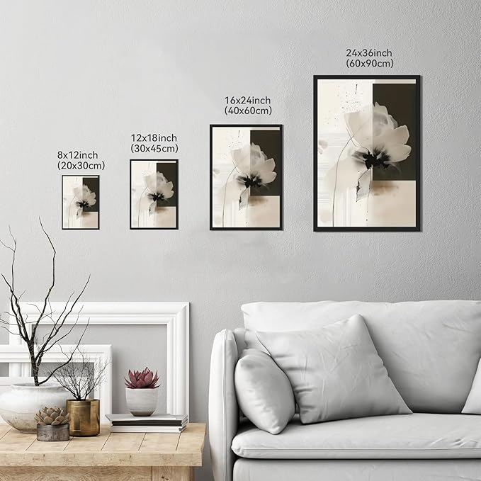 Minimalist Abstract Floral Wall Art Prints Set of 2 Neutral Beige Black Flower Canvas Painting Poster Trendy Botanical Picture for Gallery Modern Japandi Boho Home Decor 12x18inch Black Framed