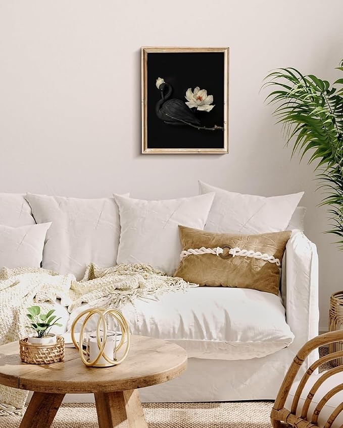 Vintage Black Swan Wall Art, Elegant Farmhouse Moody Dark Flower Academia Swan Print, Classic Neutral Animal Artwork Canvas Wall Decor for Bedroom, Living Room, Bathroom, Lake House - 8x10Inch Unframe