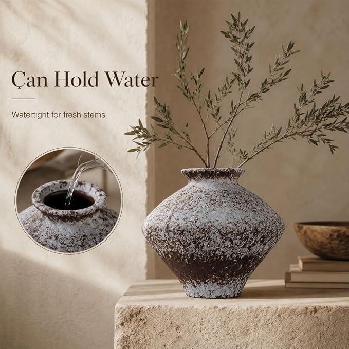 Wabi Sabi Rusty Vintage Vase, 11.4" Tall Wabi Sabi Decor Rustic Farmhouse Pottery Vase for Centerpiece, Textured Pottery Flower Vases for Home Decorative, Table, Living Room (Rusty White, Large)