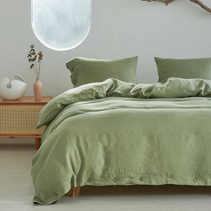 Simple&Opulence 100% Linen Duvet Cover Set 2pcs with Coconut Button Closure Natural French Washed Flax Solid Color Soft Breathable Farmhouse Bedding - Sage Green, Twin Size