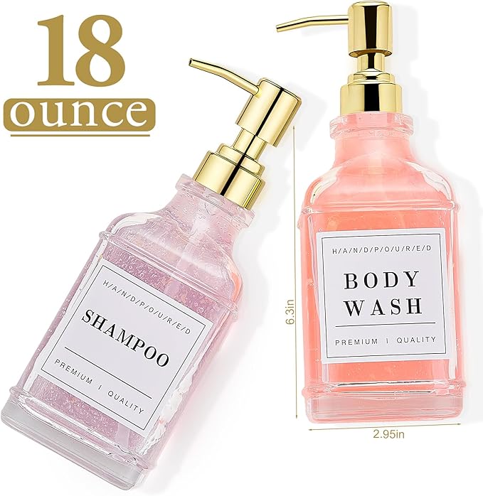 Glass Soap Dispenser with Pump,Tray,Funnel, Countertop Soap and Lotion Dispenser Set of 2 with 60 Stickers, Dish and Hand Soap Dispenser Bottle for Kitchen,Bathroom,Shower,500ml/16.9oz
