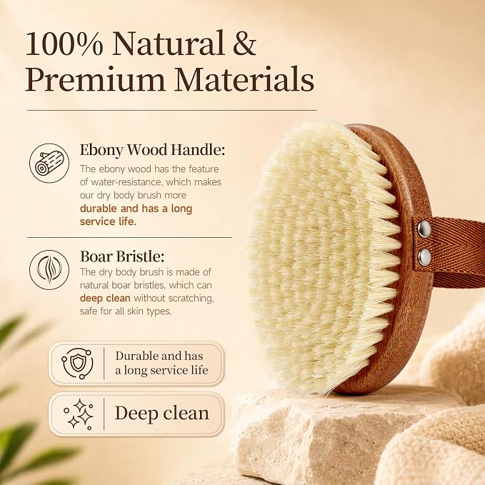 Dry Brushing Body Brush for Lymphatic Drainage with Boar Bristles | Pure Boar Bristle, Ebony Wood, Exfoliating Brush for Removing Dry Skin and Reducing cellulite, no microplastic release