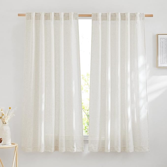 NICETOWN Linen Burlap Bedroom Curtains Natural, Rustic Rod Pocket & Back Tab Semi Sheer Flax Linen Weve Drapes Privacy with Light Filtering Window Treatmentes for Nursery, W37 x L60, Set of 2