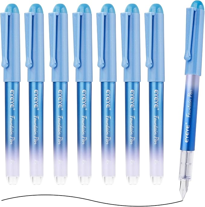 EYEYE Disposable Fountain Pens for Writing, Pack of 8 Black Fountain Pens Medium Point Stainless Steel Nib
