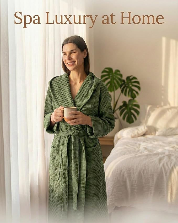 Magic Linen - Unisex Waffle Bathrobe, Hooded Linen-cotton Blend Bath Robe, Lightweight Robe for Women and Men