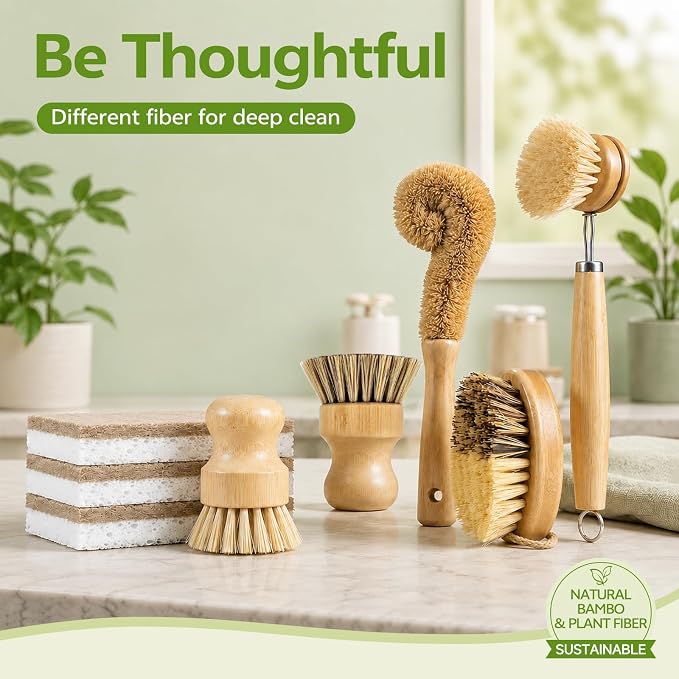 GREENTH PRO 9-Piece Bamboo Dish Brush Set with Natural Coconut Sponges | Dish Brush,Coconut Bottle Brush,Natural Kitchen Cleaning Set