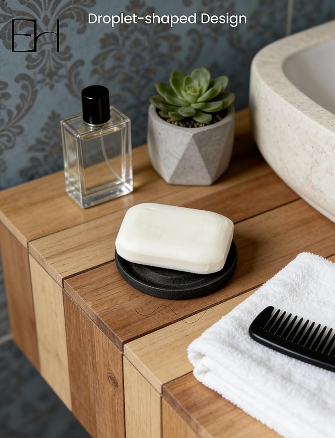 Diatomite Soap Dish with Wave Design, Round Stone Drying Tray, Water Absorbing Stone Tray, Bathroom, Shower & Kitchen (Gray, 2PSC)