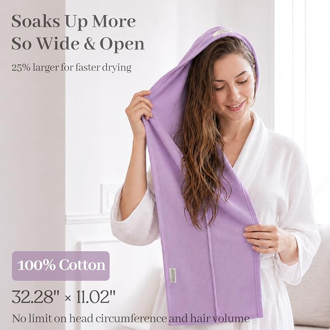 ROLSHOL Cotton Hair Towel Wrap for Women, 2 Pack 100% Cotton Hair Drying Towels for Long, Thick & Curly Hair, 32" x 11" Large Hair Turban for Wet Hair with Elastic Band (Purple)