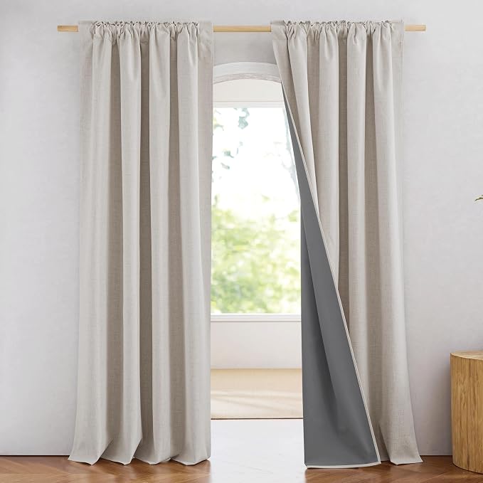 NICETOWN Brich Vintage Open Linen Weave Flax Thermal Curtains, 100% Blackout Curtains 84 inches Long for Dining Room, 52" Wide Per Panel, Set of 2, Soundproof Window Treatment Drapes for Hall Room